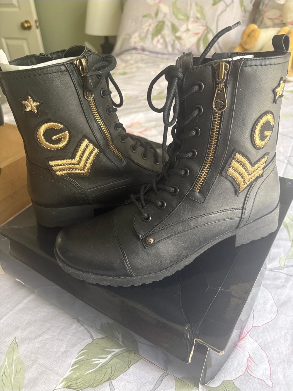 Guess Black Combat Boots with Gold Patch Accents - Women's
